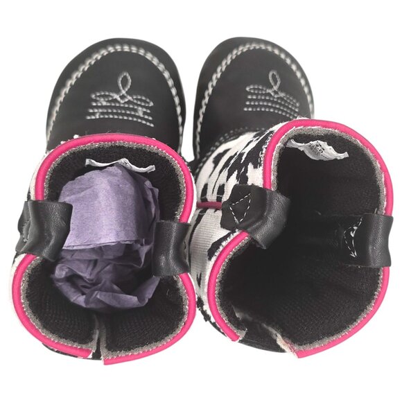 Lil Boot Barn Baby Cow Print Western Boots Size 2 Black/White Faux Leather & Can - Picture 7 of 16